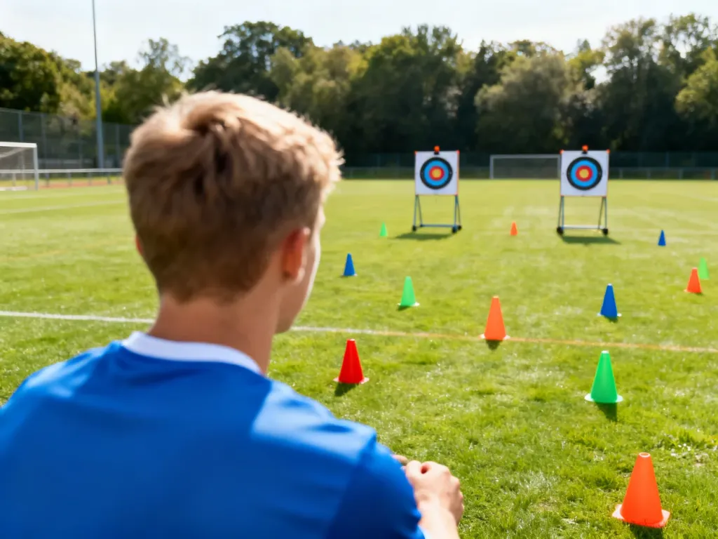 Sportowiec podczas treningu skupia wzrok przed siebie, otoczony kolorowymi pachołkami, co ilustruje technikę widzenia peryferyjnego.