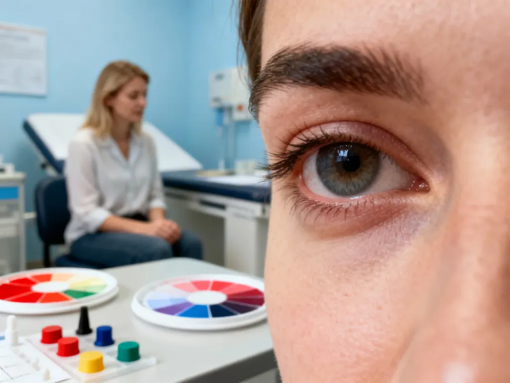 Ludzkie oko obok tablic testowych Ishihary, służących do diagnozowania zaburzeń rozpoznawania barw.