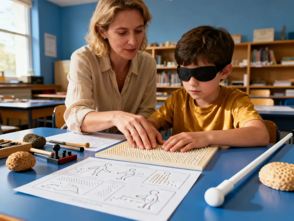 Tyflopedagog wspiera dziecko z dysfunkcją wzroku w nauce przy użyciu pomocy dotykowych i alfabetu Braille'a.