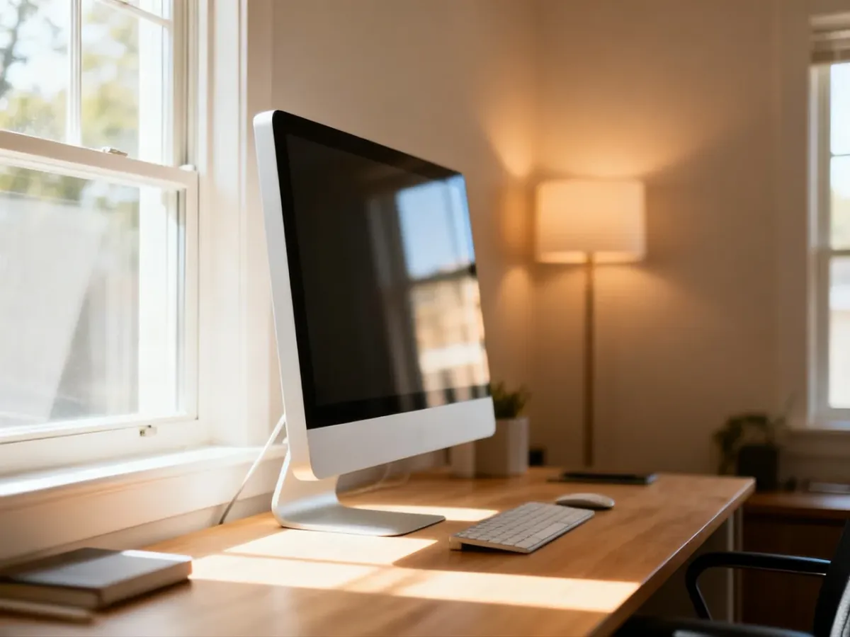 Monitor positioned sideways to a window to reduce glare