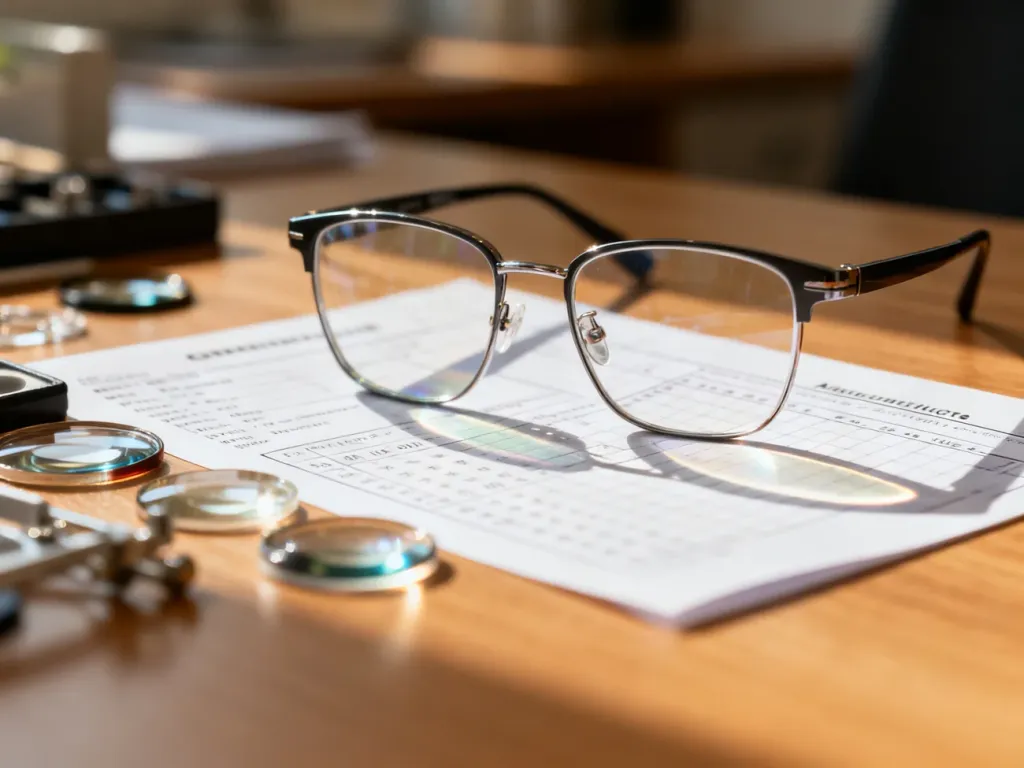 Nowoczesne okulary leżące na recepcie okulistycznej i soczewkach, podkreślające temat doboru korekcji wzroku.