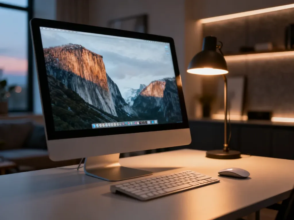 Ergonomiczne stanowisko pracy z monitorem ustawionym na biurku, oświetlone ciepłym światłem lampy dla ochrony wzroku.