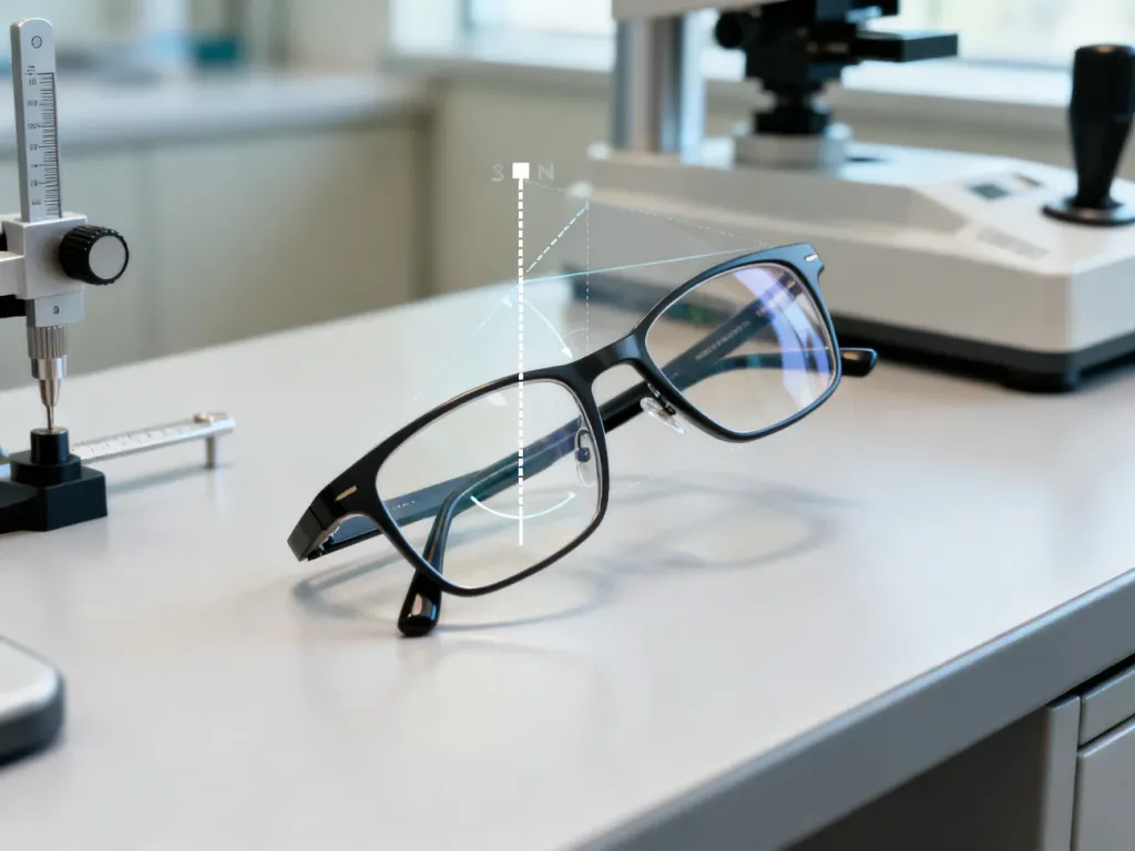 Okulary na stole optometrycznym z widocznym kątem pantoskopowym i naniesioną podziałką techniczną.