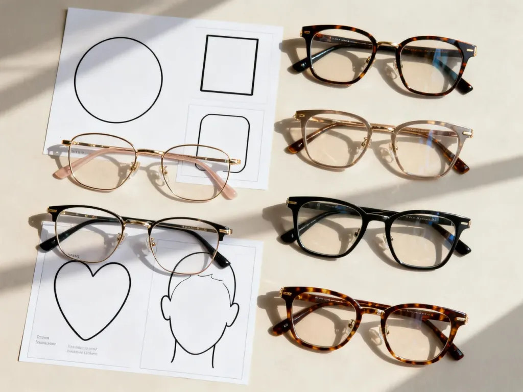 Różne oprawki okularów ułożone obok ilustracji kształtów twarzy, pomagające w doborze idealnego modelu.