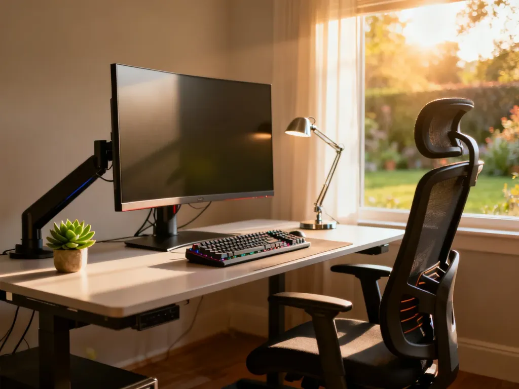 Nowoczesne, ergonomiczne stanowisko pracy z regulowanym biurkiem, wygodnym fotelem i naturalnym oświetleniem.