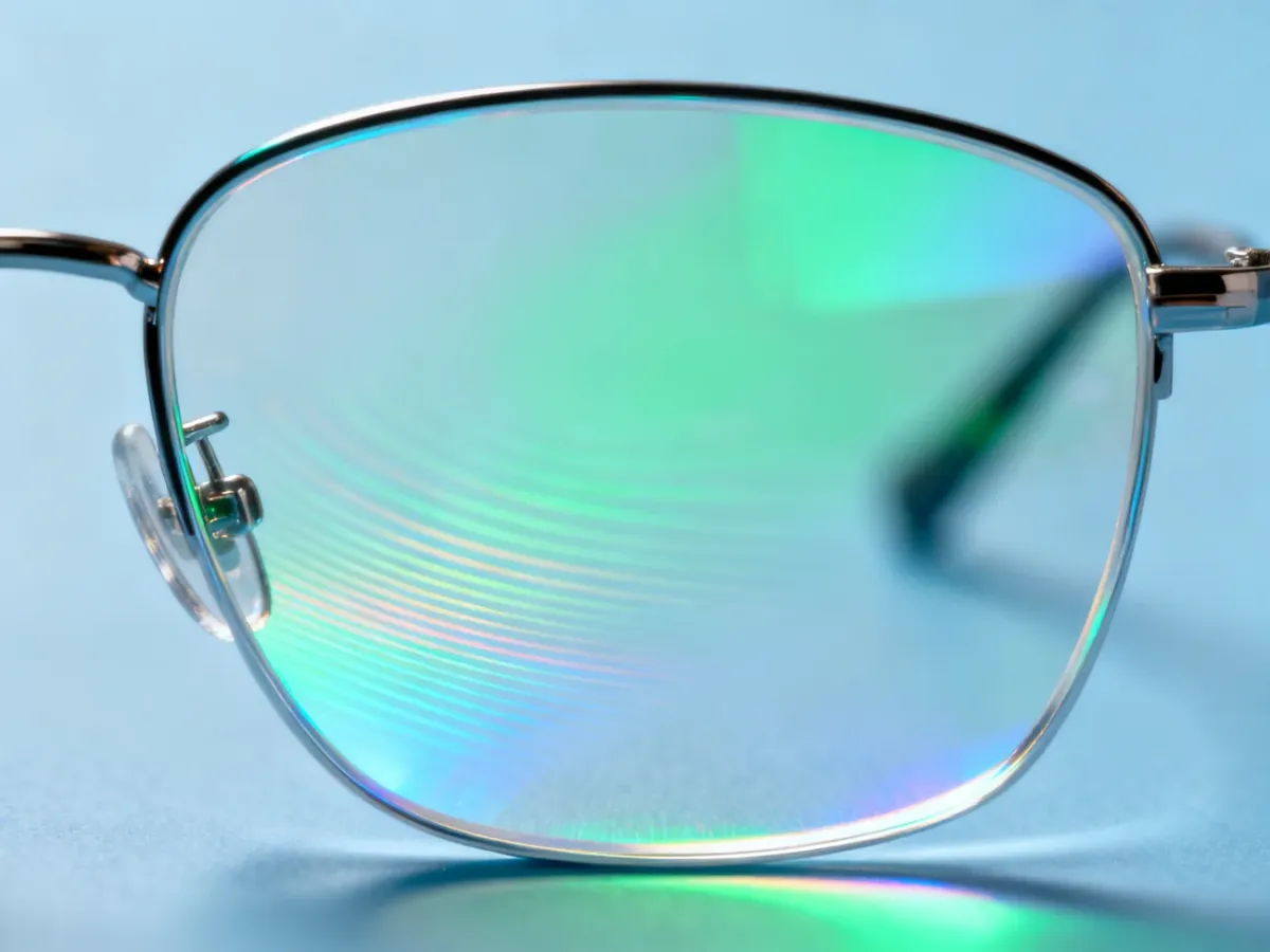 Zbliżenie soczewki okularowej z powłoką antyrefleksyjną ograniczającą odbicia światła
