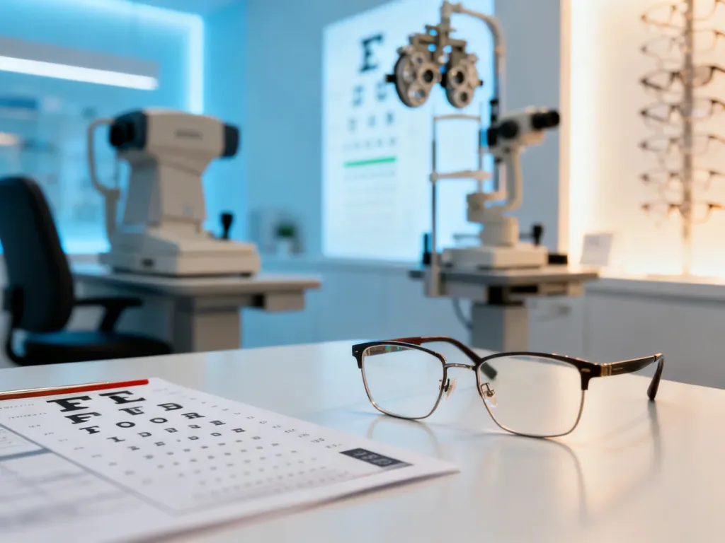Gabinet okulistyczny z okularami i sprzętem diagnostycznym na biurku, podkreślający profesjonalizm opieki nad wzrokiem.