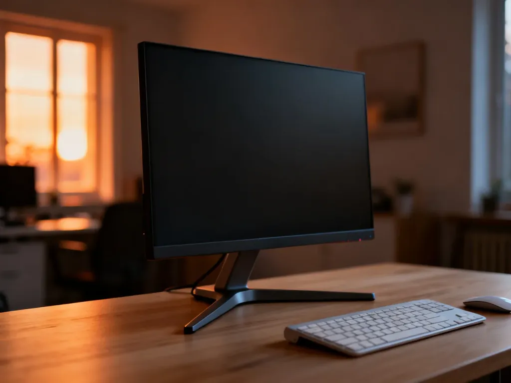 Ergonomiczne stanowisko pracy z monitorem na drewnianym biurku, ilustrujące zachowanie optymalnej odległości dla zdrowia oczu.