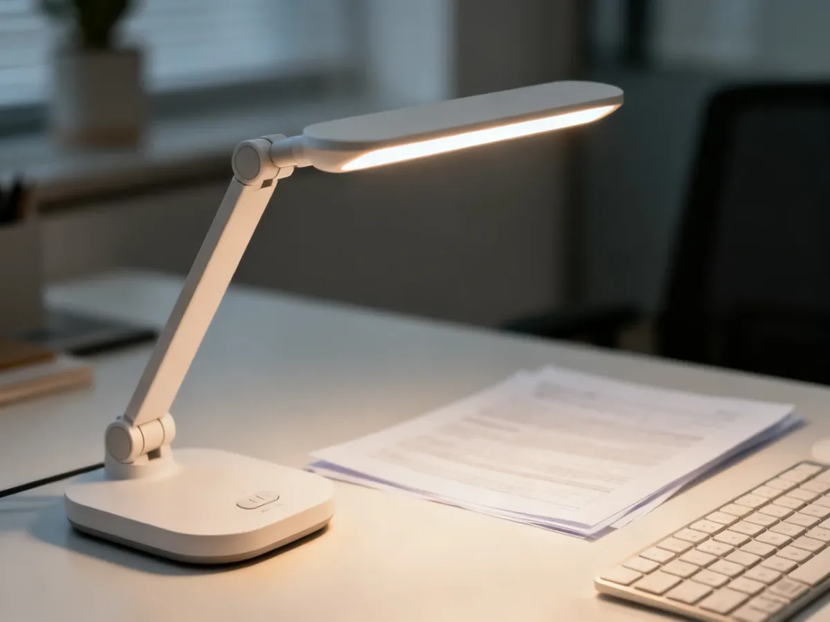 Regulowana lampka LED z przegubowym ramieniem na uporządkowanym biurku