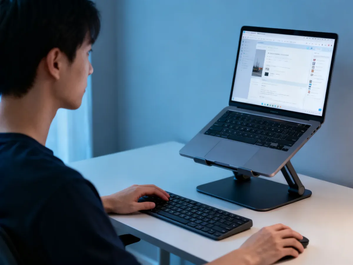 Laptop na podstawce z zewnętrzną klawiaturą i myszą