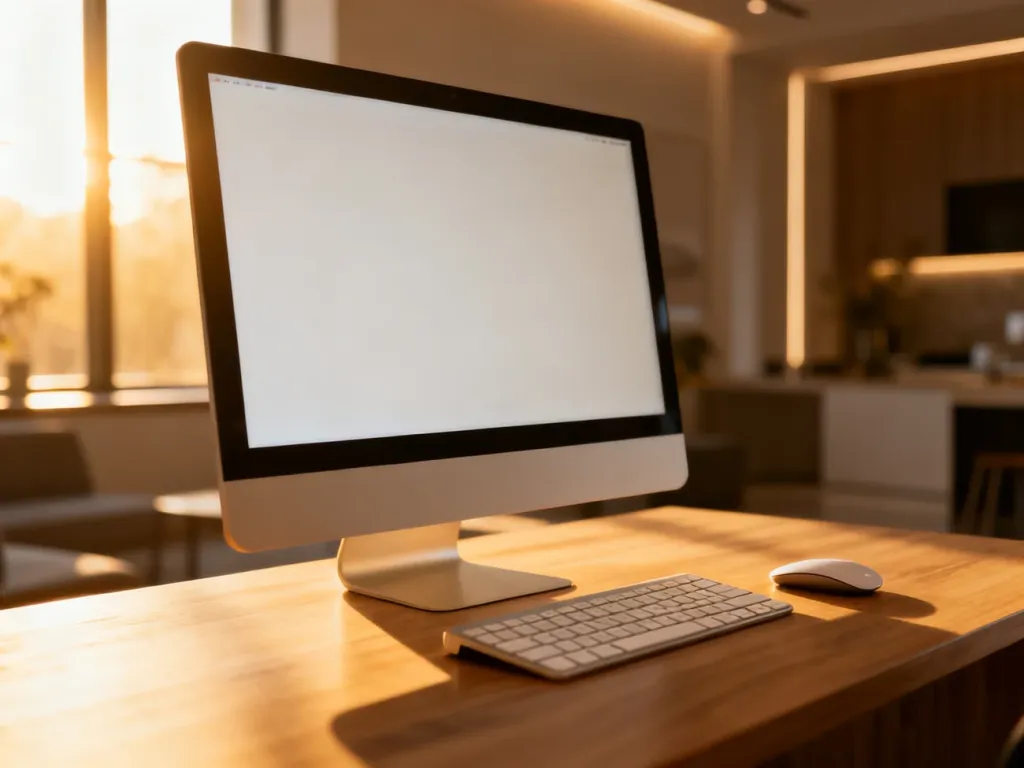 Ergonomiczne stanowisko pracy z monitorem o neutralnym kontraście, zapewniające komfortowe warunki dla wzroku.