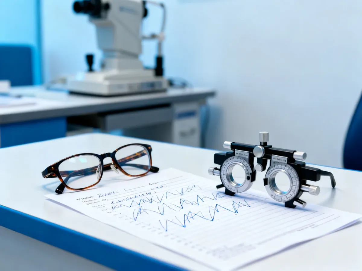 Okulary i akcesoria optometryczne na biurku podczas analizy recepty