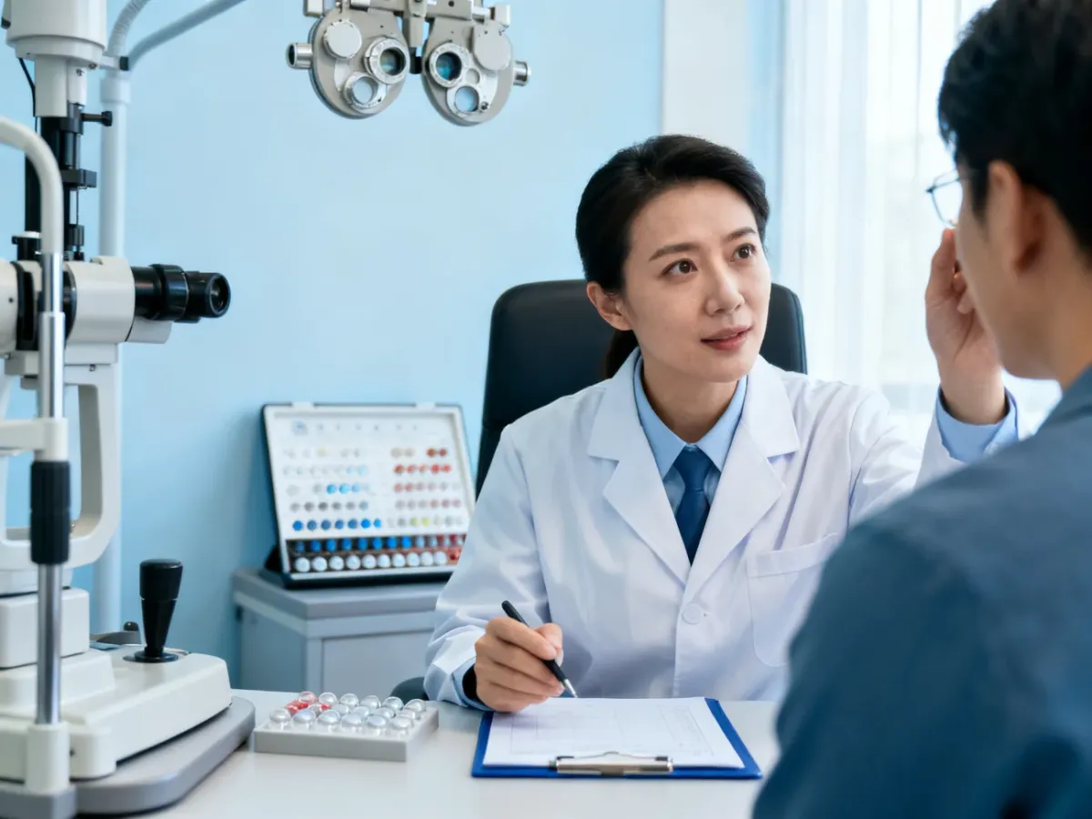 Optometrysta bada oko pacjenta i dobiera parametry soczewki kontaktowej