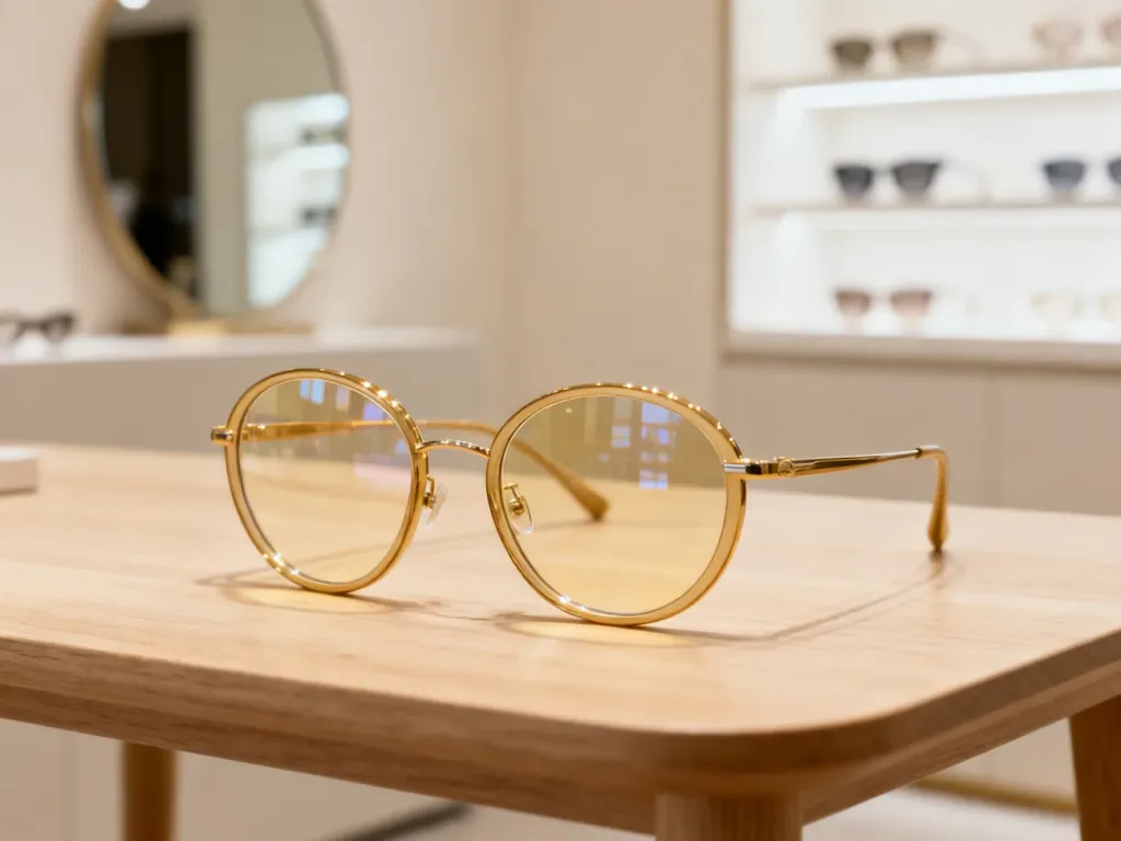 Stylowe okulary o owalnych oprawkach na drewnianym stole w nowoczesnym salonie optycznym.
