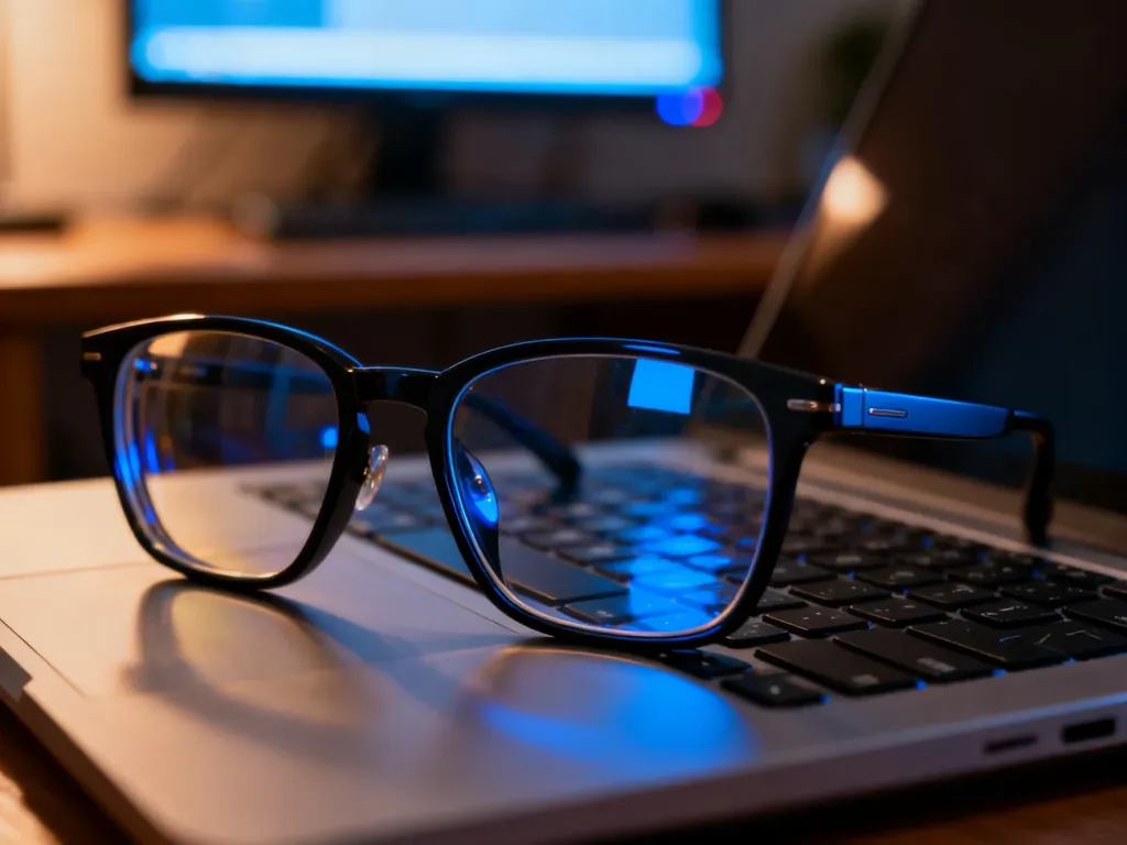Stylowe okulary z powłoką antyrefleksyjną leżące na klawiaturze laptopa w przytulnym, wieczornym oświetleniu.