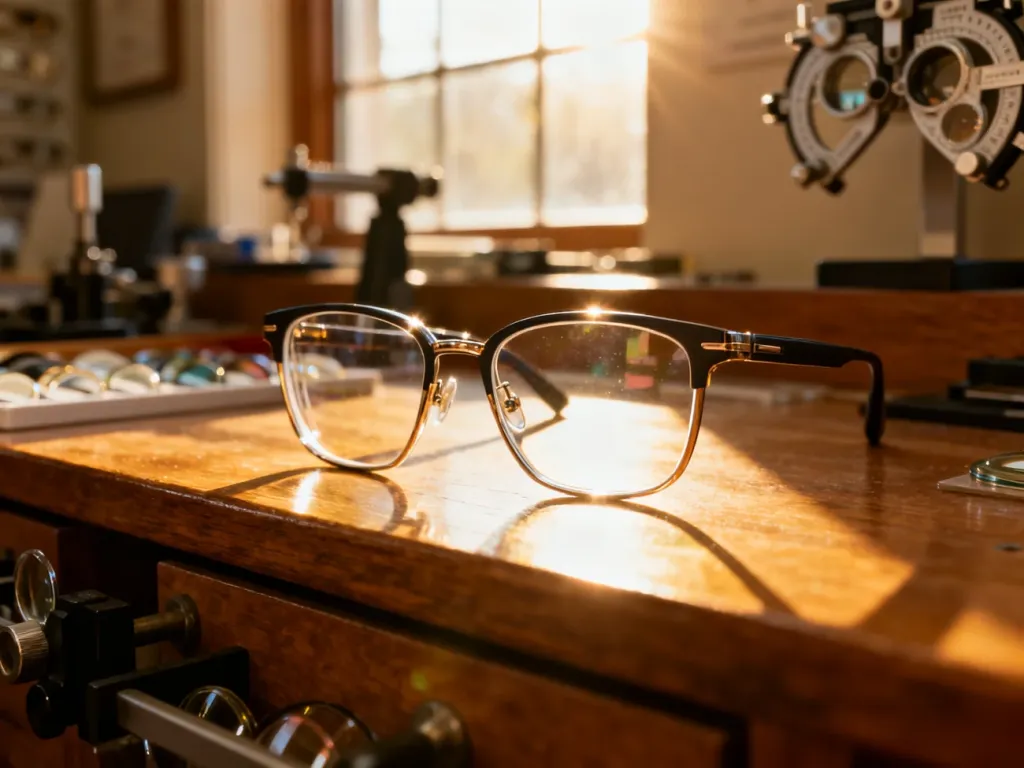 Stylowe okulary korekcyjne na drewnianym stole optyka, z rozmytymi narzędziami pomiarowymi w tle.