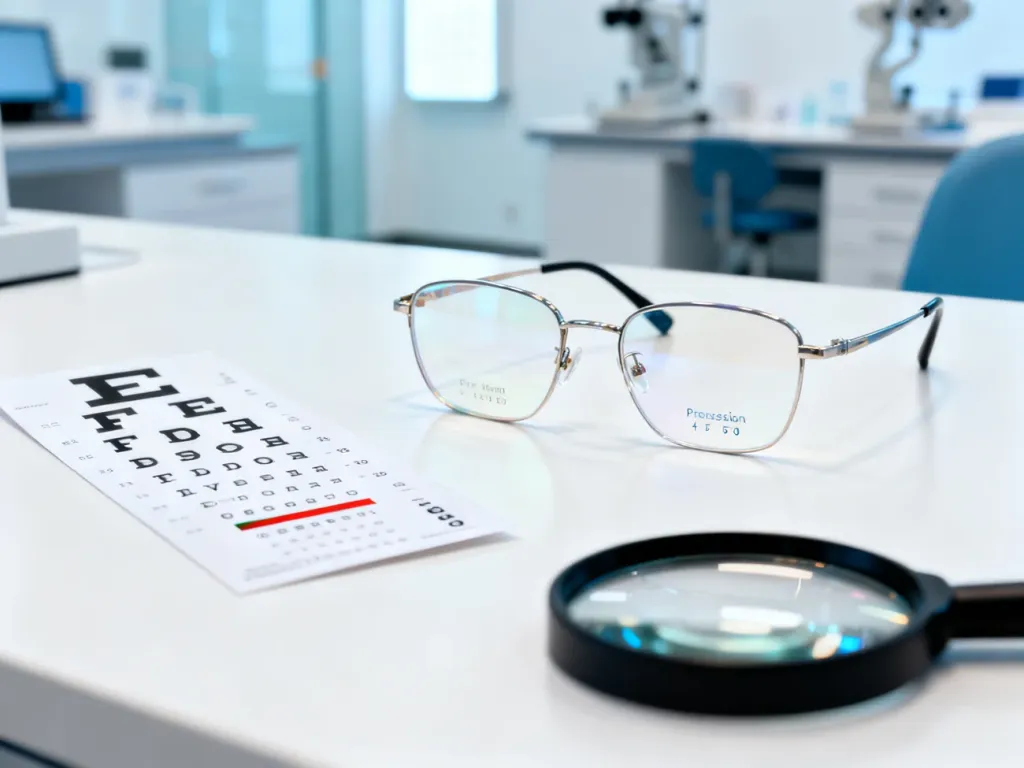 Okulary progresywne z oznaczeniami soczewek oraz tablica do badania wzroku na biurku w nowoczesnym gabinecie optometrycznym.