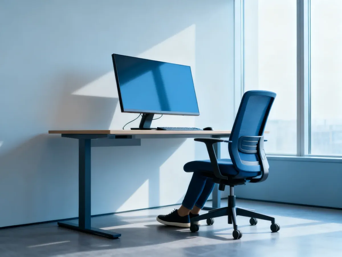 Prawidłowo ustawione ergonomiczne stanowisko pracy z monitorem i krzesłem