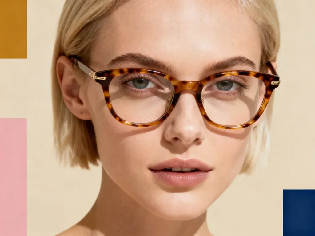 Blondynka w eleganckich okularach w szylkretowych oprawkach na tle próbek kolorystycznych.