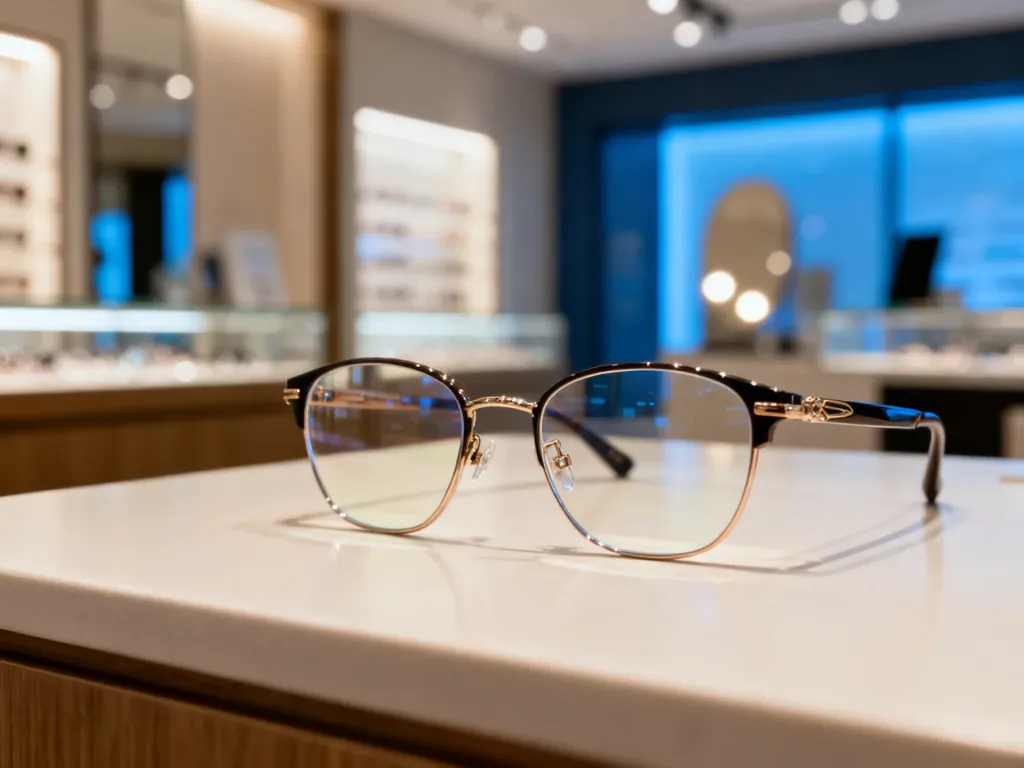 Eleganckie okulary progresywne na ladzie optycznej w nowoczesnym salonie optycznym.