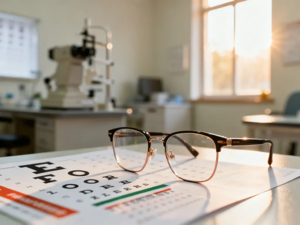 Stylowe okulary korekcyjne na tle tablicy okulistycznej w jasnym, profesjonalnym gabinecie.