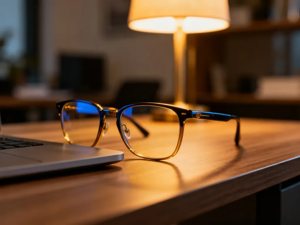 Stylowe okulary z filtrem światła niebieskiego leżące na biurku obok laptopa w przytulnym domowym biurze.