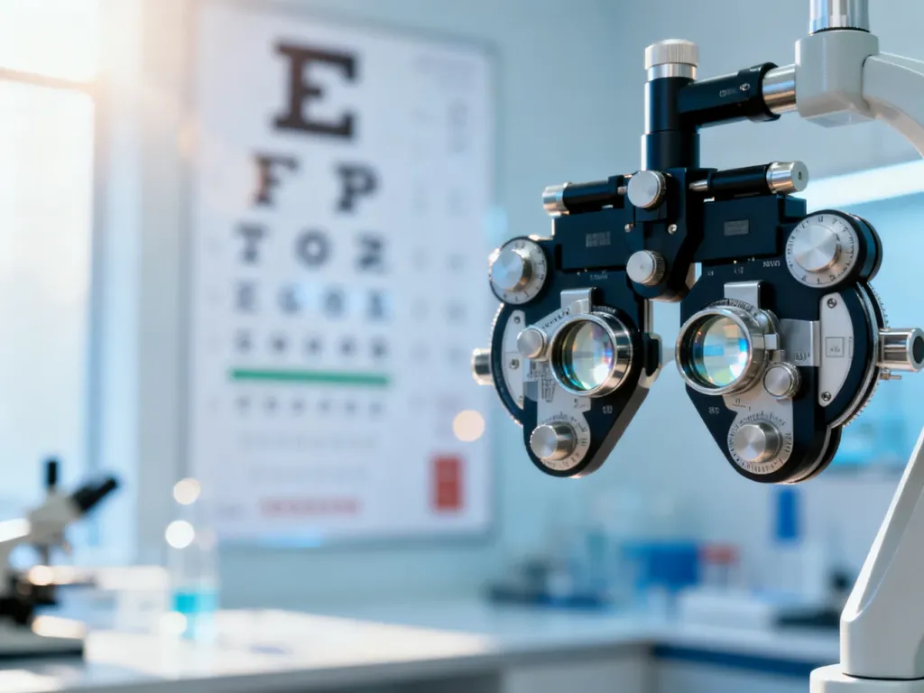 Profesjonalne narzędzie optometryczne do badania wzroku na tle rozmytej tablicy okulistycznej w gabinecie.