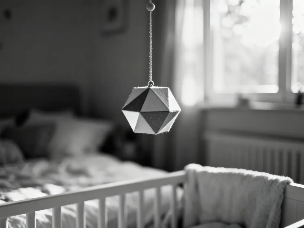 Czarno-biała karuzela geometryczna nad łóżeczkiem, stymulująca rozwój wzroku niemowlęcia.