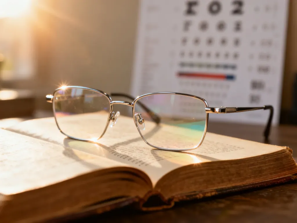 Nowoczesne okulary progresywne leżące na otwartej książce, z rozmytymi tablicami okulistycznymi w tle.