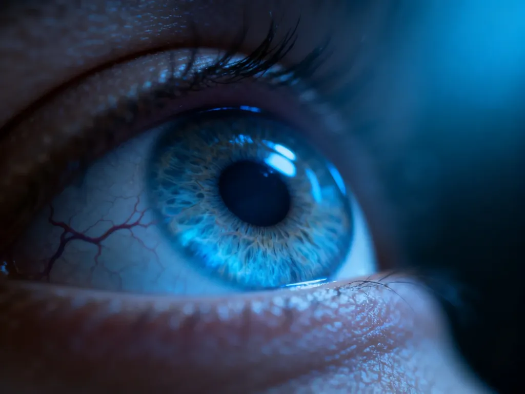 Zbliżenie na ludzkie oko z wyraźnie widoczną tęczówką i źrenicą, symbolizujące zdrowie oczu i diagnostykę okulistyczną.