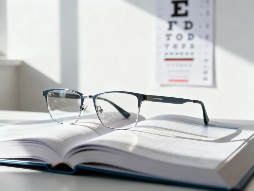 Stylowe okulary do czytania leżące na otwartym podręczniku medycznym w jasnym, słonecznym gabinecie okulistycznym.