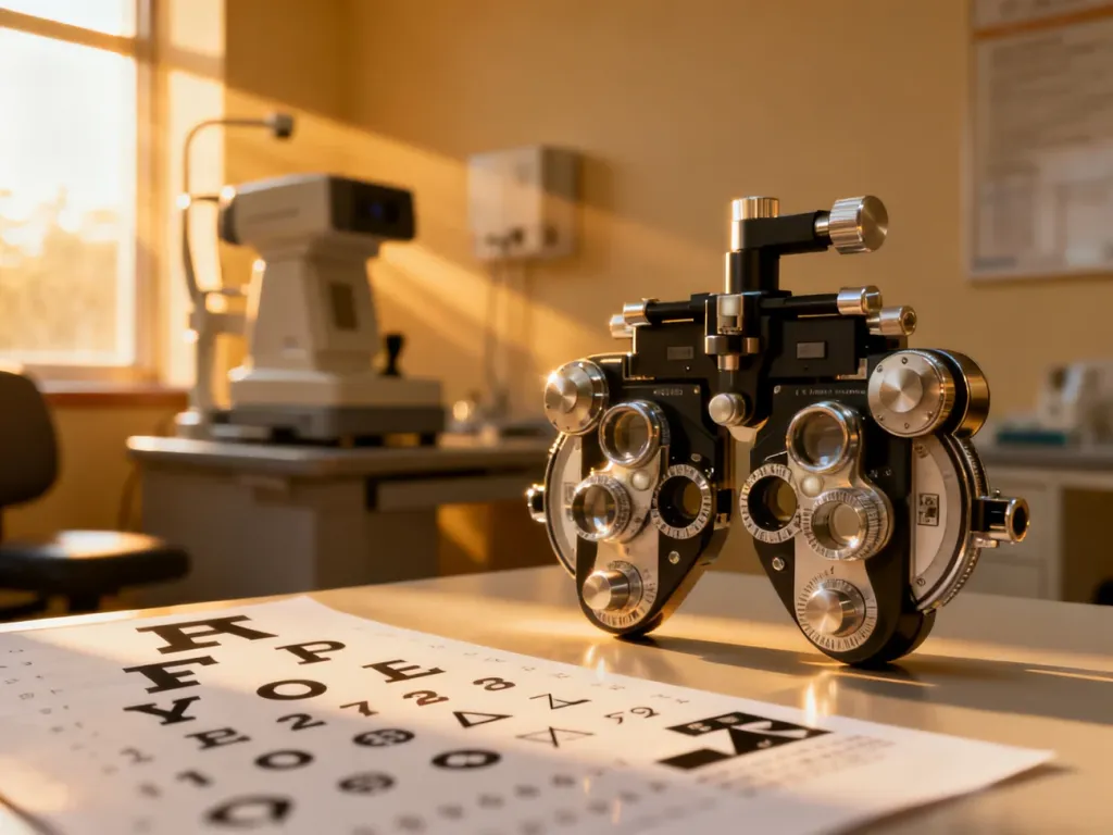 Profesjonalny sprzęt okulistyczny i tablica do badania wzroku w gabinecie lekarskim, przygotowane do diagnostyki wady wzroku.