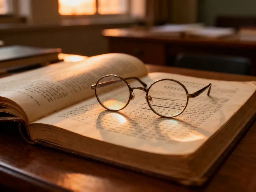 Otwarte podręczniki optometryczne z okularami na drewnianym biurku, symbolizujące naukę o wzroku i korekcję dalekowzroczności.