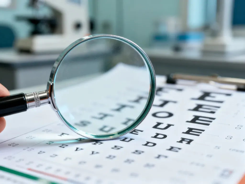 Soczewka powiększająca nad tablicą okulistyczną, symbolizująca diagnostykę i proces leczenia niedowidzenia.