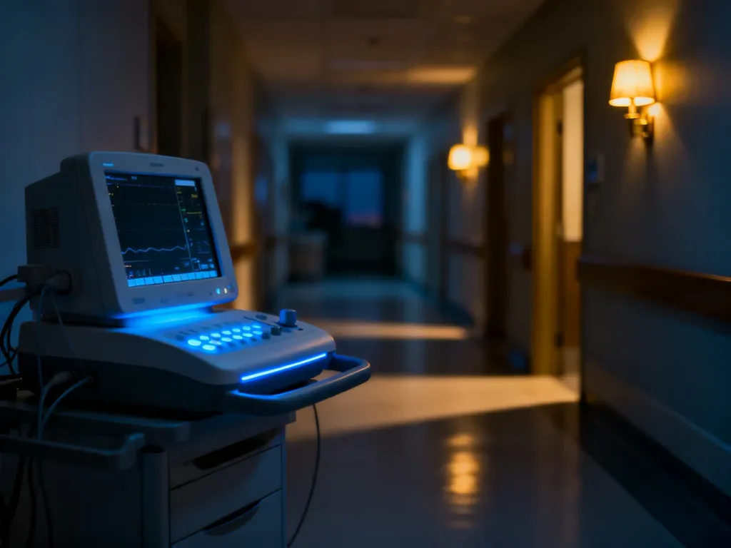 Nowoczesne urządzenie do diagnostyki neurologicznej w przyciemnionym gabinecie lekarskim podczas badania zmierzchowego.